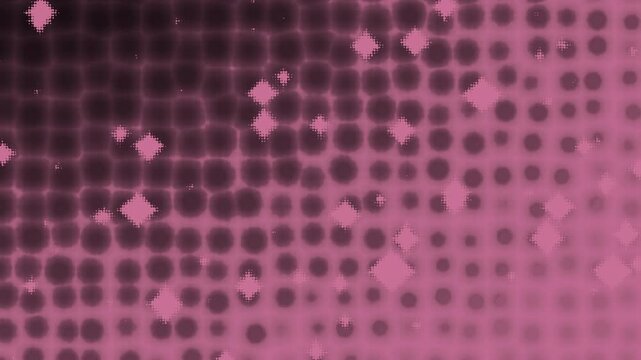 Moody grungy animation with scattered pixelated  diamond and circle shapes in red and purple tones with a semi symmetrical layout and vintage flicker