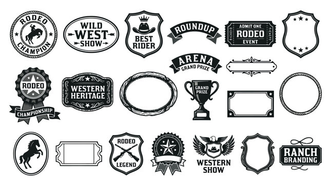 Vintage wild west rodeo badges and western labels set, rustic cowboy emblem collection, black and white ranch branding vector elements