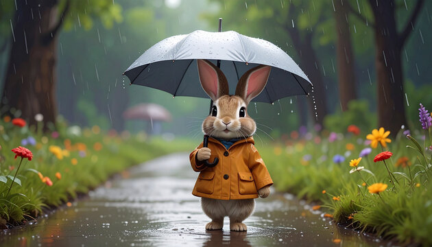 Cute bunny in raincoat under umbrella in rain