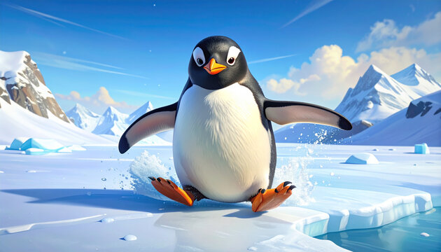 Cute cartoon penguin splashing in icy water on sunny day