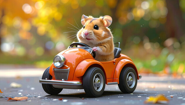 Cute hamster driving an orange toy car in autumn park