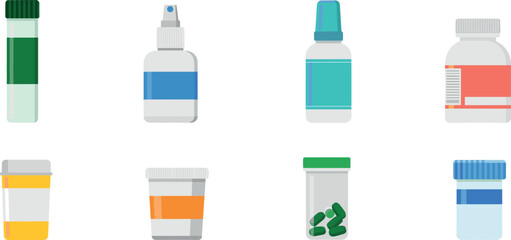 Fototapeta premium Medical medicine bottle and pill container set, flat pharmacy packaging objects vector