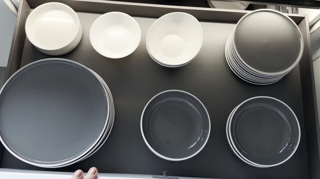 Top view of a female hand opening a modern kitchen drawer to organize various plates and bowls