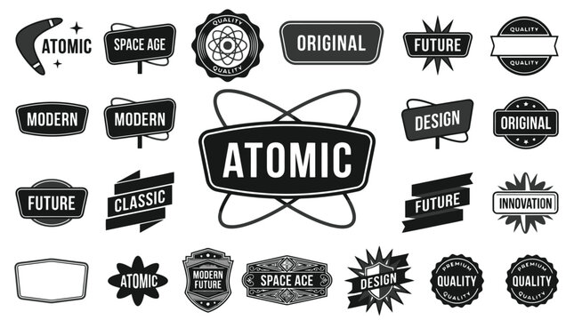 Retro atomic age badges and mid-century modern labels, vintage space age vector icons set, black and white futuristic design elements for branding