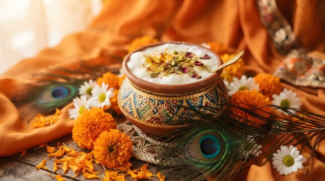 A beautifully decorated clay pot filled with creamy Indian rice pudding, topped with saffron and nuts, surrounded by vibrant marigold flowers and peacock feathers, festive