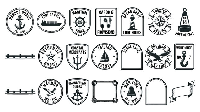 Vintage maritime nautical badges collection, retro harbor logos and coastal shipping labels, black and white sea themed vector icons