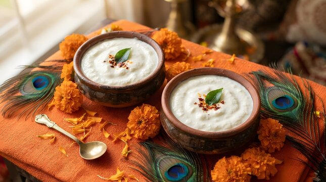 Two rustic clay bowls filled with creamy white yogurt topped with fresh green curry leaves and spices, arranged on an orange fabric with peacock feathers.