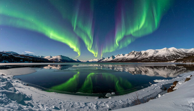 Aurora Borealis over snow-capped mountains and frozen lake