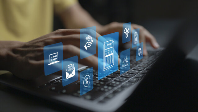 Online digital e invoice statement concept. Person using laptop with electronic invoice and billing icons, digital payments, financial records and automated accounting.