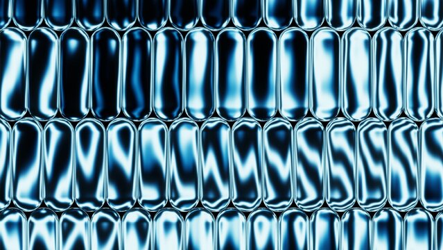 Abstract 3D graphic featuring tightly packed rows of glossy blue capsule-shaped cells with reflective metallic surfaces, liquid-like distortions, sharp highlights, and dark reflections.