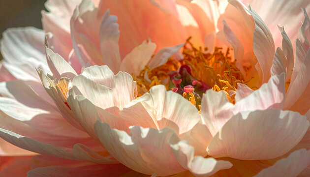 Close up of delicate pink peony flower petals with sunlit center