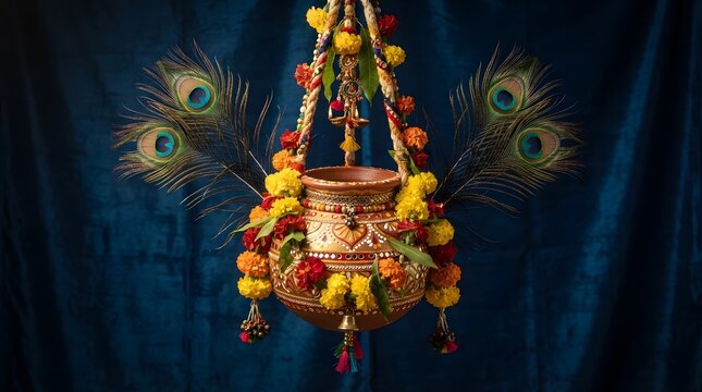 An ornate traditional Indian clay pot decorated with vibrant marigold flowers and majestic peacock feathers hanging against a deep blue curtain background for festival celebrations