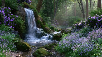 Obraz premium Water flows over a small waterfall in a forest with blooming flowers and tall trees in the background during early morning light