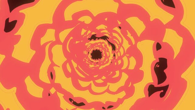 Animation of a tunnel of burning rings on a black background. Seamless movement through fiery space in 4K. Cartoon barrier of fire.