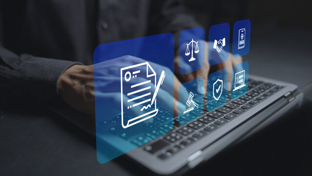 Terms of service and legal agreements concept. Person using laptop with legal document and compliance icons, contract management, policy acceptance and digital business governance.