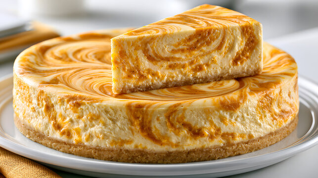 Marbled caramel cheesecake with sliced piece