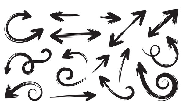 Decorative hand drawn arrow collection featuring spirals and brush strokes on plain white background.