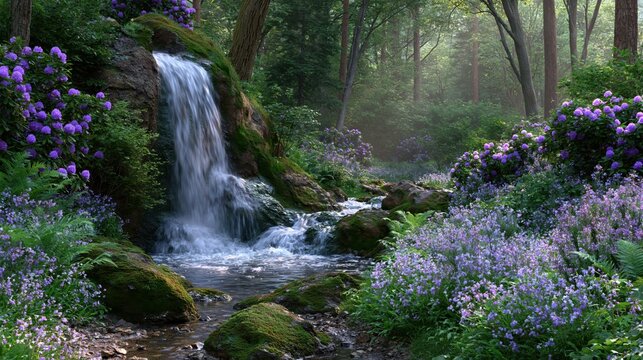 Water flows over a small waterfall in a forest with blooming flowers and tall trees in the background during early morning light