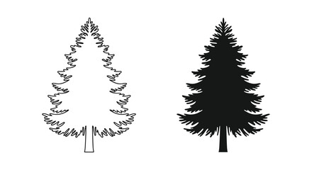 Fototapeta premium Conifer tree outlines and solid black silhouette on a white background