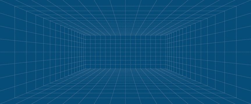 Grid box perspective 3d perspective digital background in blueprint style. Cyberspace wireframe laser mesh virtual reality metaverse abstract. VR game bg. Vector illustration