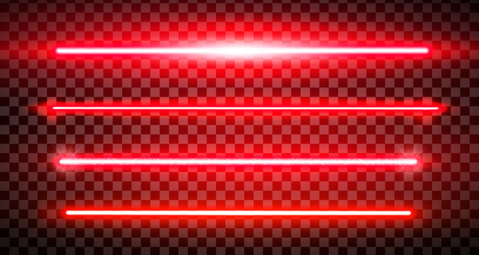 Red lazer straight lines pack isolated. Neon glowing laser beam effect. Fluorescent LED electric luminous line. Led light halogen dynamic diode. Vector illustration