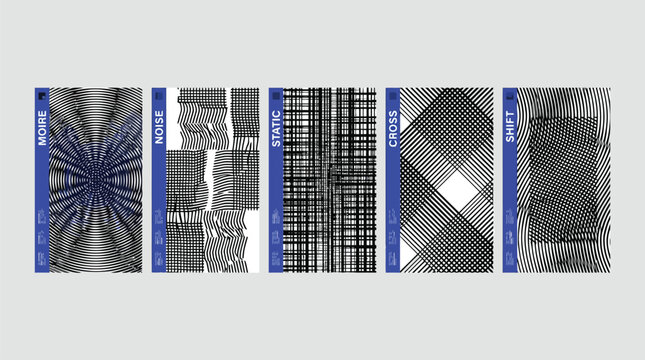 Abstract moire noise and static texture posters, set of 5 experimental vector backgrounds, brutalist shift and cross pattern designs