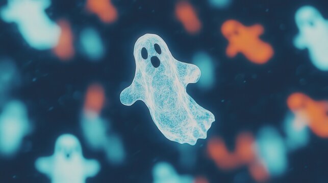 A whimsical digital illustration of floating ghost figures in various colors against a dark background, perfect for Halloween-themed projects, spooky events, or children's content,