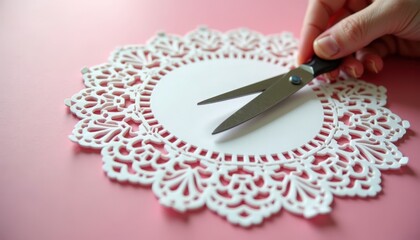 Naklejka premium Cutting paper doily with scissors on pink background. Detailed scene shows intricate lace pattern and precise cutting action. Concept crafting and DIY projects for home decor or event planning.