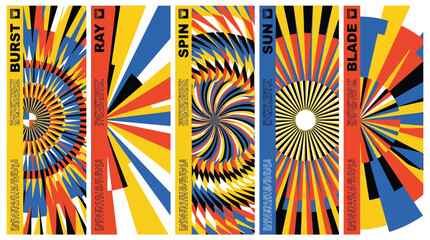 Retro geometric sunburst and spiral vector set, 5 colorful abstract radial patterns, vintage pop art sun ray and spin graphics for posters