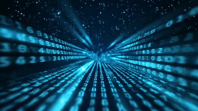 Digital binary code perspective tunnel with glowing numbers.