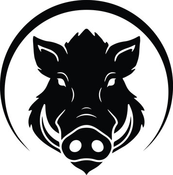 Wild boar head mascot emblem, black and white silhouette of a hog face with sharp tusks framed by a circular crescent border, animal logo
