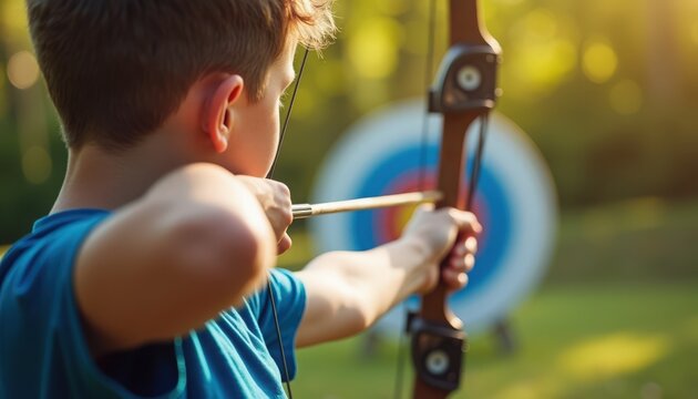 Young boy practicing archery with bow and arrow aiming at target. Boy focuses on shooting arrow at colorful bullseye target outdoors. Archery practice for sports enthusiasts in nature.
