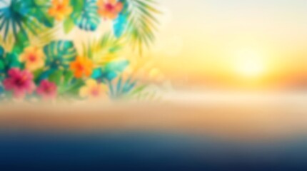 Obraz premium Beautiful tropical beach background with vibrant hibiscus flowers and palm leaves during a warm golden sunset