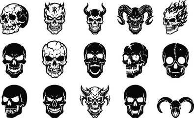 Fototapeta premium Skull vector icons set black evil demon horned skulls collection