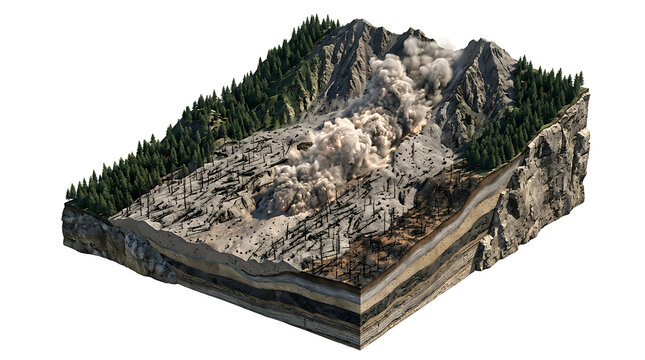 Isometric 3D illustration of a massive rockfall landslide isolated on white