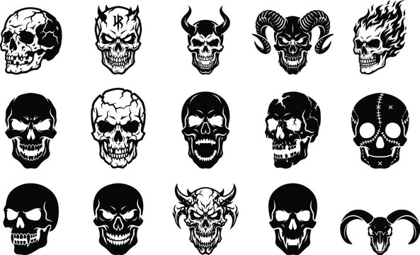 Skull vector icons set black evil demon horned skulls collection
