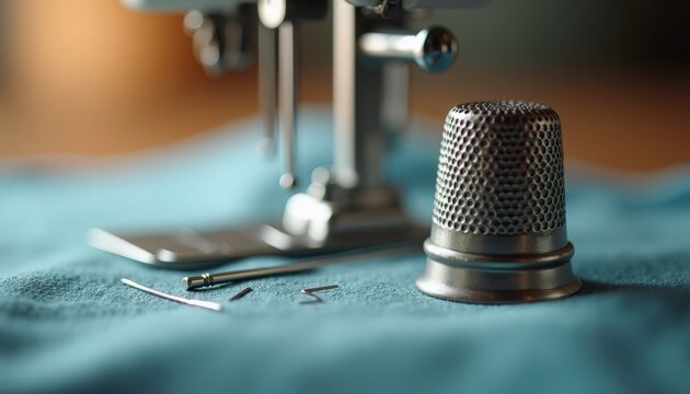 Sewing tools on vibrant fabric with thimble and needles beside sewing machine. Sewing tools include thimble, needles, and fabric for creative projects. Ideal sewing concept for hobbyists and crafters.