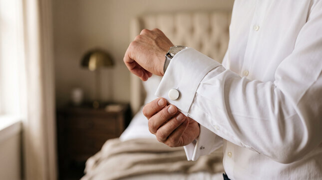 Hands adjusting cufflinks on a dress shirt sleeve &mdash; formal menswear and personal fashion lifestyle concept.
