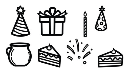 Naklejka premium Set of hand drawn birthday celebration icons featuring gift box party hats cake slices and festive confetti elements