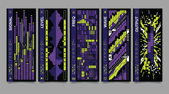 Cyberpunk audio visualizer banners, futuristic music equalizer interface set, purple and yellow digital signal wave vector graphics