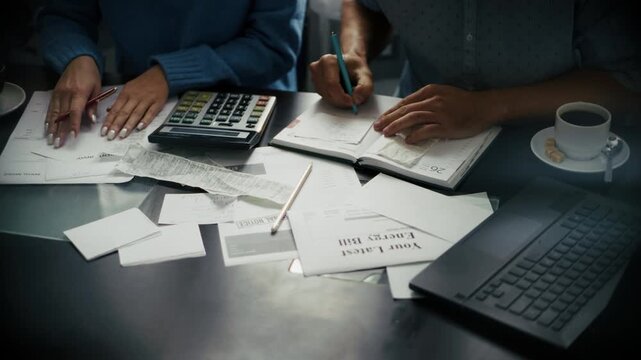 Family Couple Calculating Home Budget Bills. Financial Planning And Expenses. Cost Accounting 