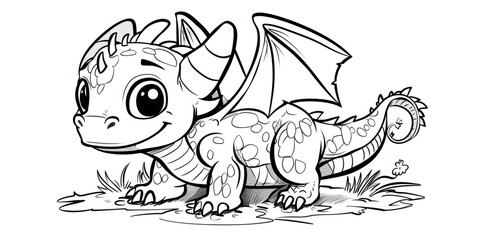 Naklejka premium Cute baby dragon cartoon outline coloring page