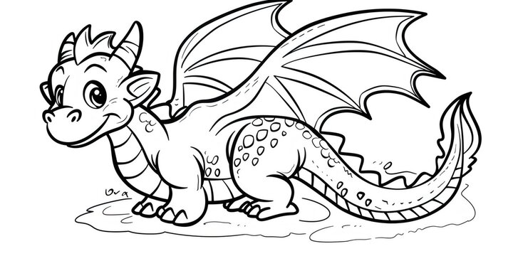 Cute baby dragon coloring book page illustration
