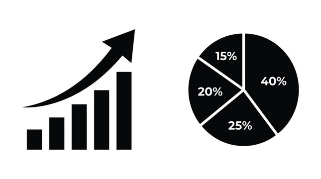 Bar graph and pie chart illustration on a white background