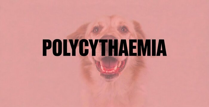 A close-up of a happy golden retriever dog's face overlaid with the bold text POLYCYTHAEMIA.