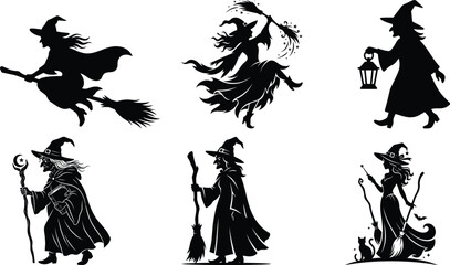 Witch silhouette vector icons set flying broomstick halloween magic © Sultana