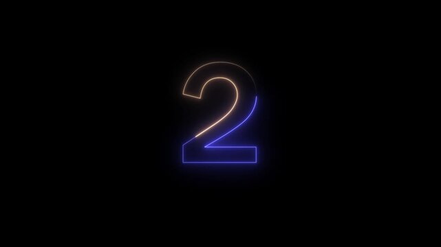 Glowing neon 6 to 0 number three with a gradient transition from orange to blue color isolated on a solid black background for digital countdown timer display