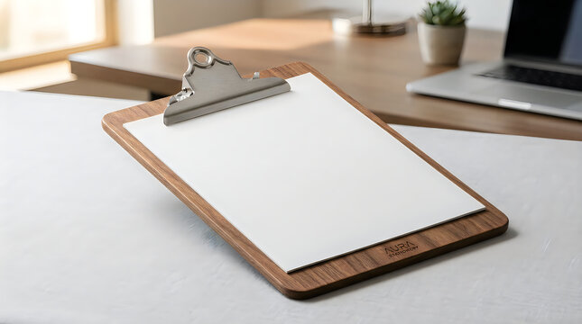 Blank paper clipboard on modern office desk setup with laptop clipboard stationery business