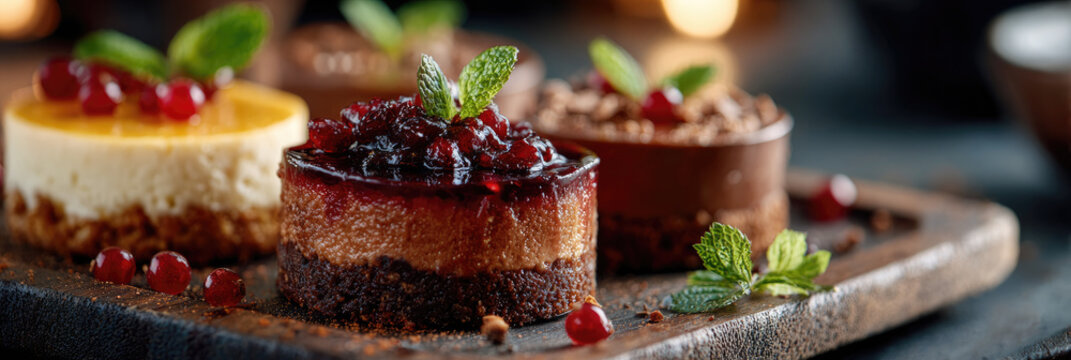 Assortment of gourmet mini desserts and sweet treats presented on a dark serving board. Featuring chocolate mousse. Layered cakes. And panna cotta with fresh berries and mint leaves