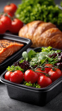 Black plastic meal prep containers holding a vibrant green salad with cherry tomatoes and a seasoned salmon fillet. Representing a healthy. Ready to eat